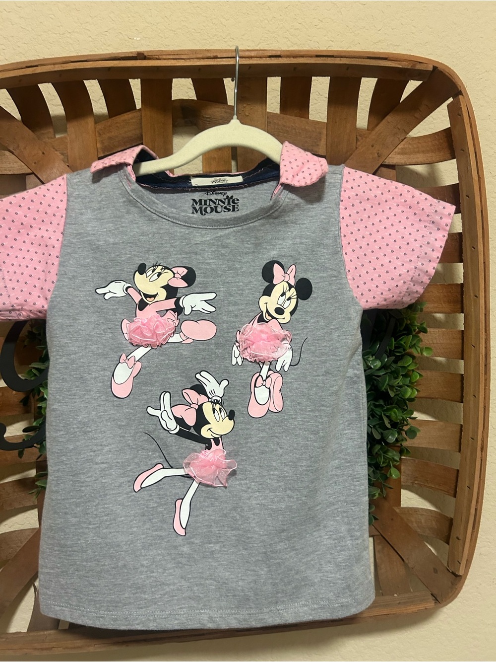 Disney Minnie Mouse Gray & Pink Short Sleeve Tee with Tulle Accents